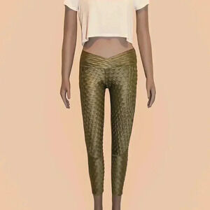 Fitness Rio‎ Olive Green Scrunchy Athletic Pleated Leggings Size Small Workout